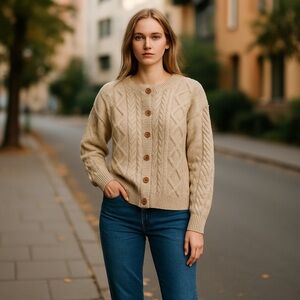 Vintage Wool Fisherman Cardigan – Aran Cable Knit, Cream Wool, Unisex Fit
